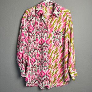 Entro Pink Green Ikat Print Button Down Artsy Abstrct Shirt Valentines Love Sz S